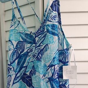Sigrid Olsen Linen  Cover-Up/ Dress  Aqua and Navy Leaf Design
